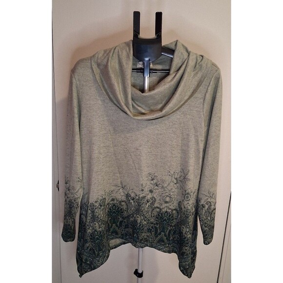 Women's One World Green Floral Cowl Neck Tunic w/ Sharkbite Hemline, Sz XL - Picture 1 of 12